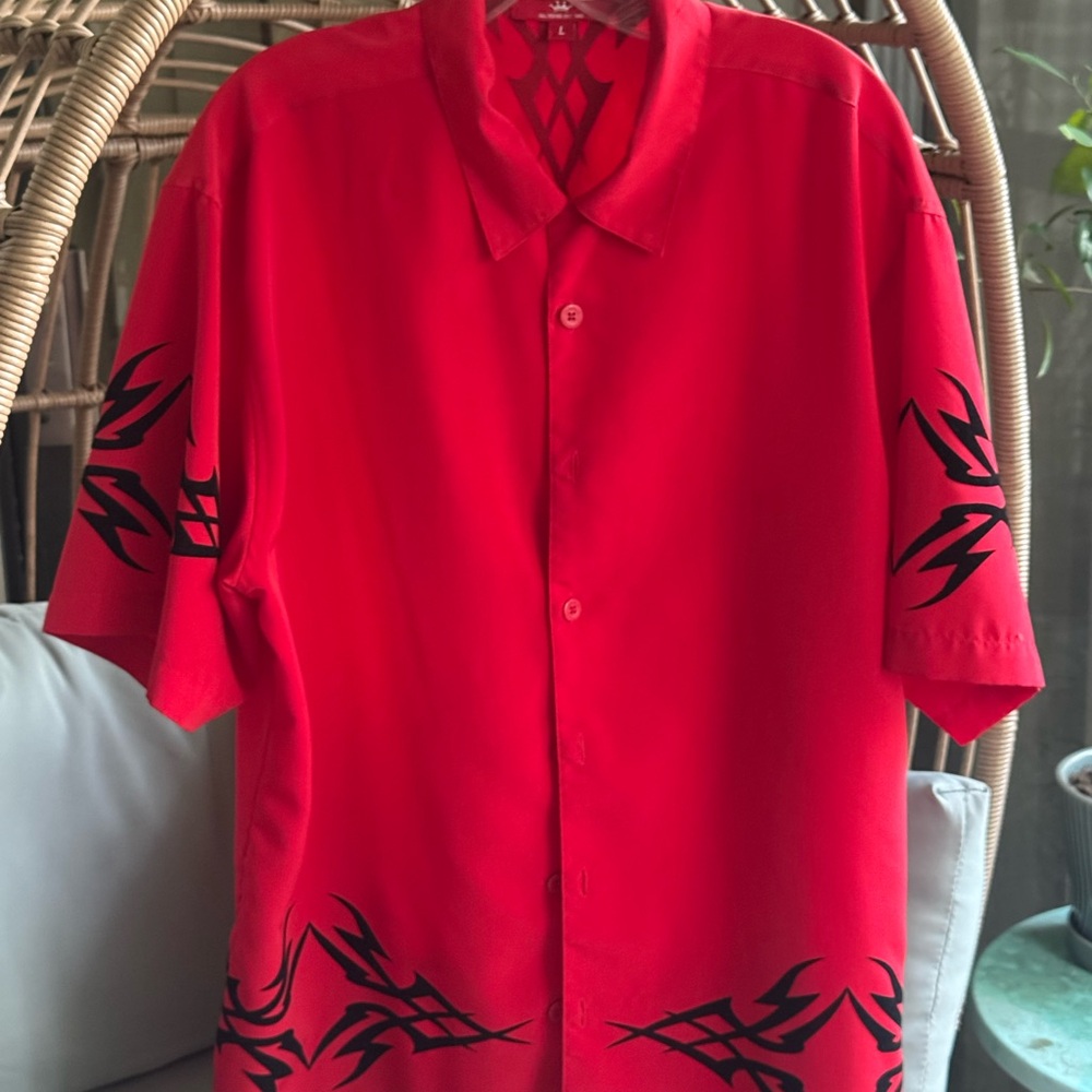 JNCO Short Sleeve Red Button-Up Shirt with Black Velvet Design - Like New